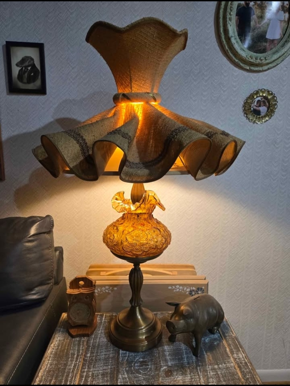 Fenton Amber Poppy And Wood 24in Lamp With Fabric Ruffle Shafe